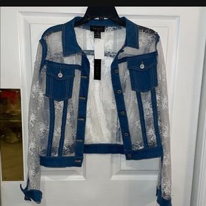 Denim and white lace jacket.